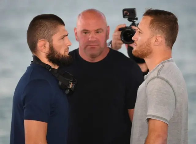 Khabib Nurmagomedov, Dana White and Justin Gaethje