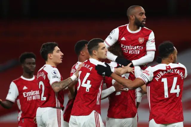 Alexandre Lacazette celebrates a disallowed goal for Arsenal