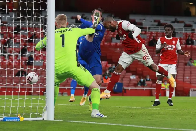 Arsenal's Alexandre Lacazette goes close with a header