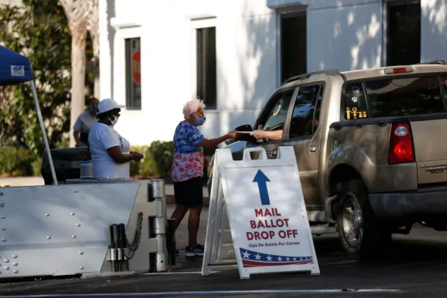 Early voters drive up to cast their mail-ballots at the Pinellas County Supervisor of Elections office polling station on October 25, 2020 in Largo, Florida