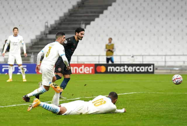 Ilkay Gundogan scores Manchester City's second goal against Marseille