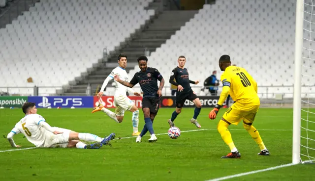 Raheem Sterling scores Manchester City's third goal against Marseille