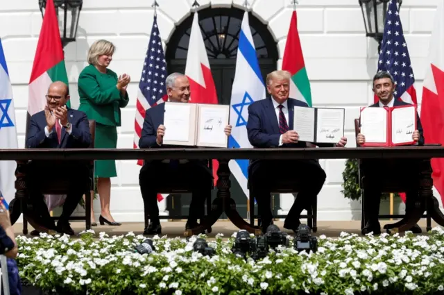 Foreign ministers from Bahrain and the UAE join Israel's Prime Minister and President Donald Trump in signing the Abraham Accords