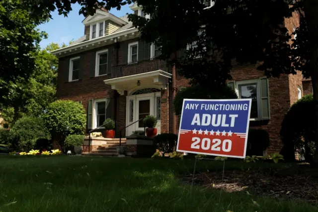 A sign supporting "any functioning adult" for the 2020 election in Minneapolis, Minnesota, on 11 August