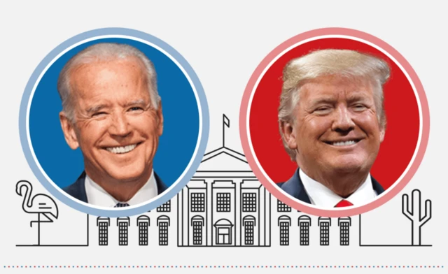 Graphic showing Joe Biden and Donald Trump in front of an outline of the White House