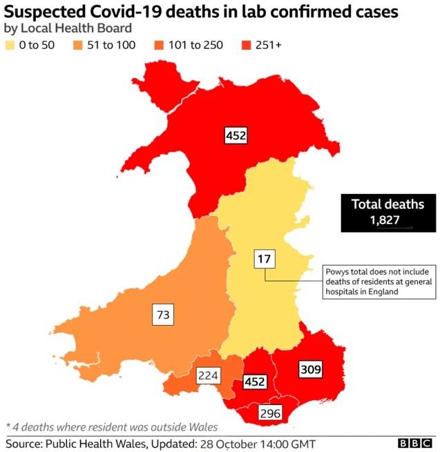 Map showing Covid deaths in Wales