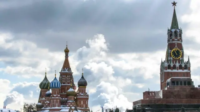 An external view of St Basil's Cathedral and the Kremlin on Red Square in Moscow