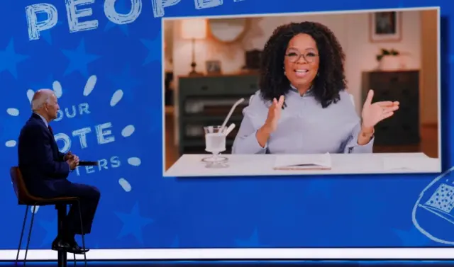 Democratic U.S. presidential nominee and former Vice President Joe Biden takes part in a virtual Get Out the Vote event with Oprah Winfrey in Wilmington, Delaware, U.S., October 28, 2020