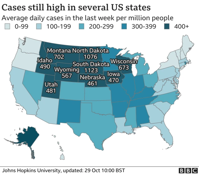 A map showing US states where Covid cases remain high