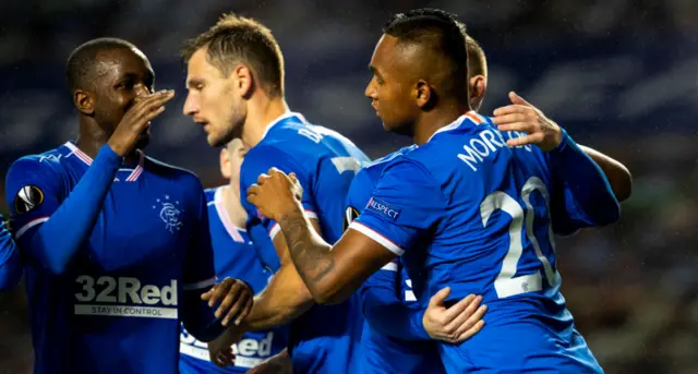 Rangers celebrate Alfredo Morelos' goal