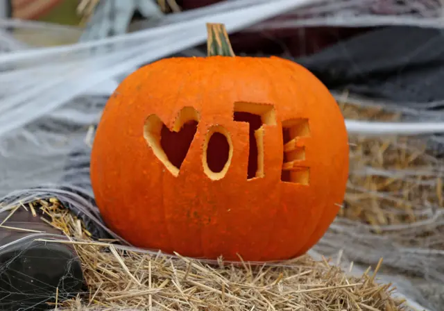 Pumpkins has also received election treatment - this cute one reads "Vote"