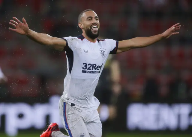 Kemar Roofe celebrates his late wonder-goal in Belgium