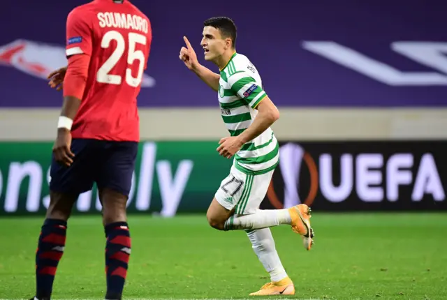 Mohamed Elyounoussi celebrates his opening goal in Lille