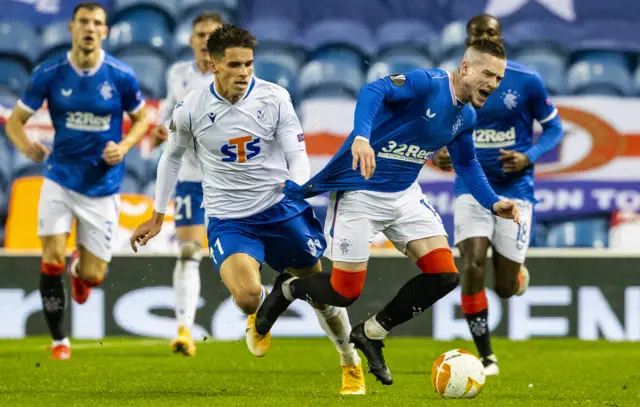 Ryan Kent is fouled as Rangers try to break away at Ibrox