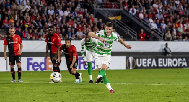 Ryan Christie scored from the penalty spot in last season's Europa League draw away to Rennes