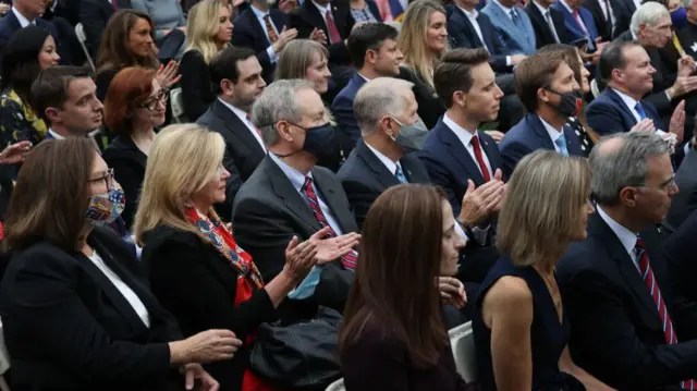 Republican senators take up a row at the event to announce Amy Coney Barrett as President Trump's Supreme Court nominee.