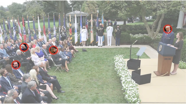 People who tested positive after attending Saturday's ceremony, circled from left to right: Senator Mike Lee, University of Notre Dame president John Jenkins, Melania Trump and President Donald Trump