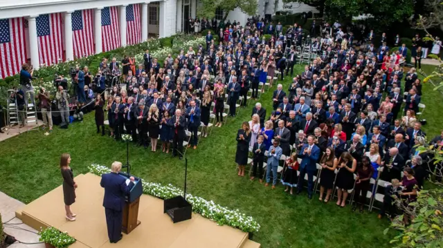 Donald Trump presents Supreme Court nominee Amy Coney Barrett in the White House Rose Garden (26 Sept)