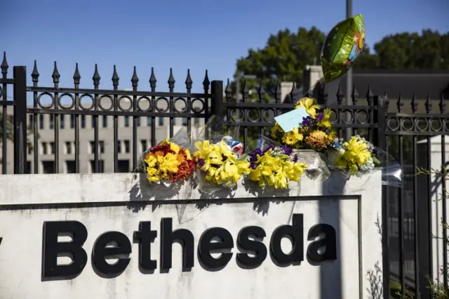 Flowers and cards outside the Walter Reed National Military Hospital