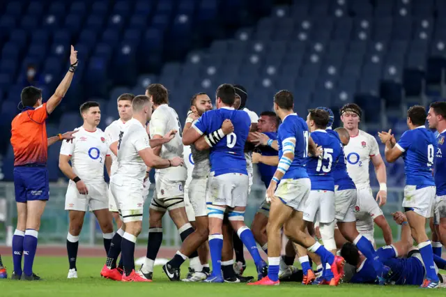 Billy Vunipola of England and Maro Itoje of England clash during the 2020 Guinness Six Nations match between Italy and England at Olimpico Stadium