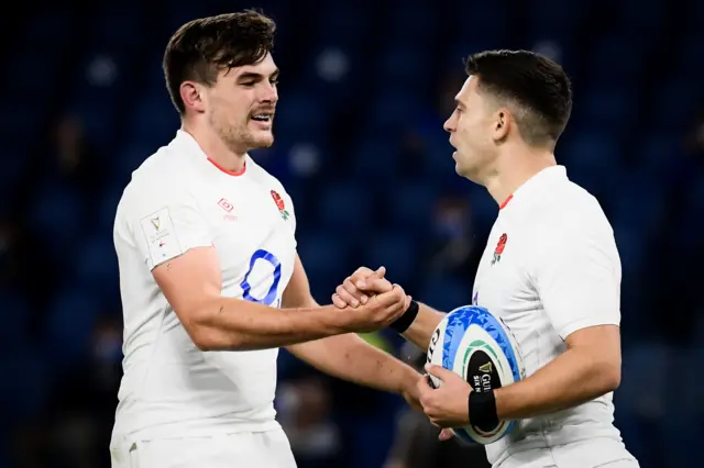 England's scrum-half Ben Youngs (R) celebrates with teammate after scoring a try during to the Six Nations rugby union tournament match between Italy and England at the stadio Olimpico stadium, in Rome