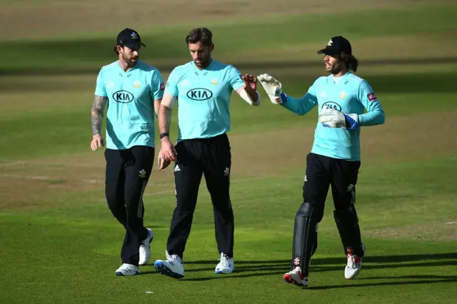 Liam Plunkett takes a wicket for Surrey