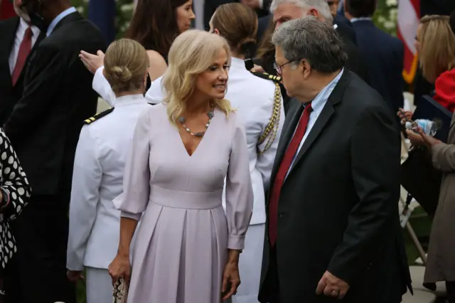 Attorney General Bill Barr spoke with Kellyanne Conway, who later tested positive, at a White House event on Tuesday