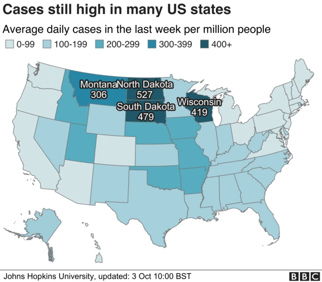 Map showing US states where cases are rising