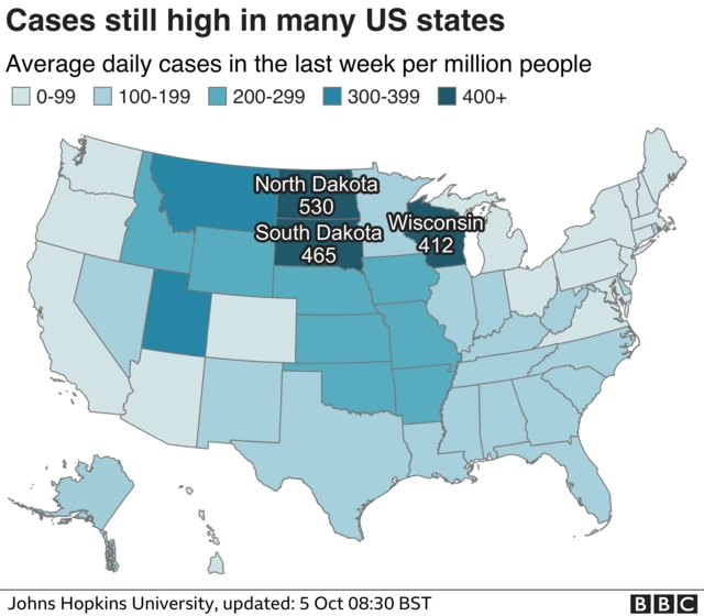 BBC graphic showing where cases are high in the US