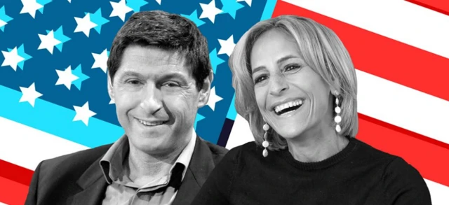 Graphic of Emily Maitlis and Jon Sopel in front of a US flag