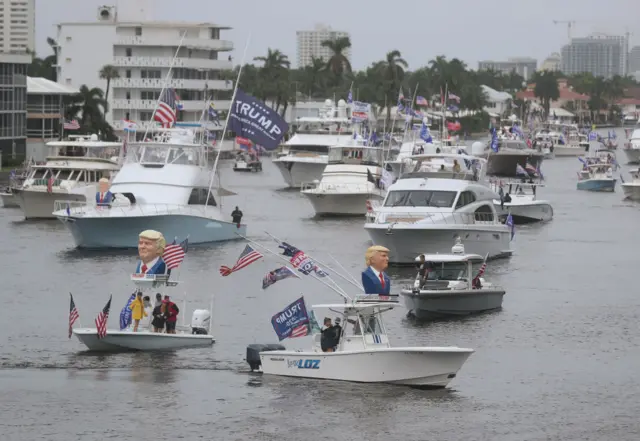 Boaters show their support for President Donald Trump during a parade down the Intracoastal Waterway on October 3, 2020 in Fort Lauderdale