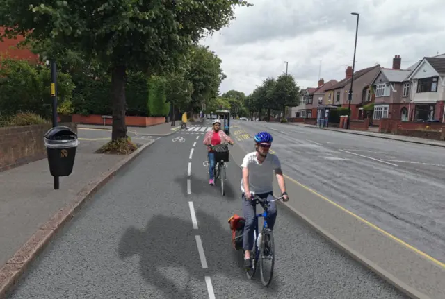 The Binley Road cycleway CGI at Raleigh Road