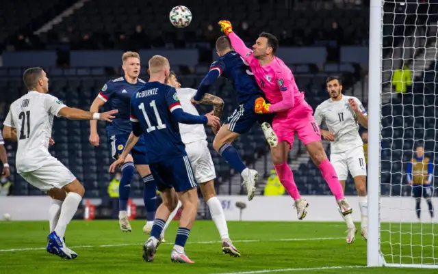 Israel goalkeeper Ofir Marciano clears