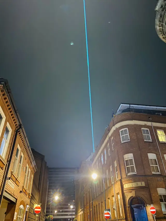 A light over Leicester from Curve theatre on Wednesday to mark 100 days of local lockdown