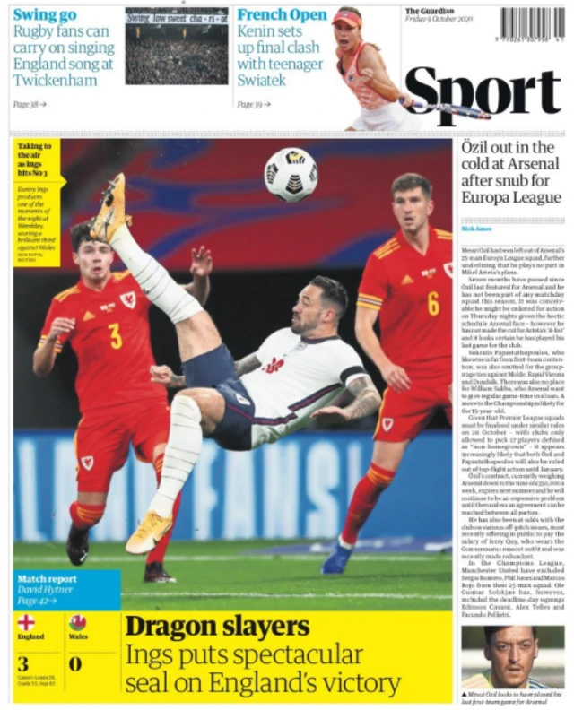 Sport page of the Guardian on 9 October 2020