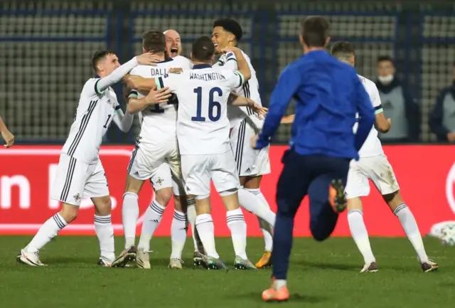 Northern Ireland players celebrate after beating Bosnia-Herzegovina on penalties