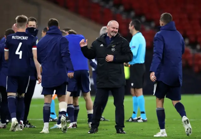 Steve Clarke celebrates after Scotland beat Israel