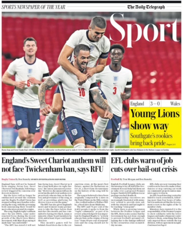 Sport page of the Daily Telegraph on 9 October 2020