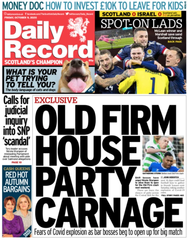 Front page of the Daily Record on 9 October 2020