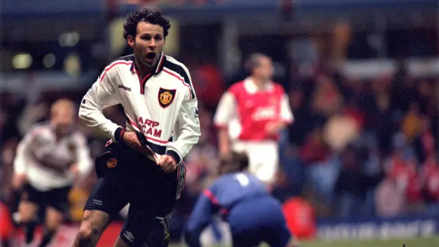 Ryan Giggs celebrates scoring against Arsenal in the FA Cup