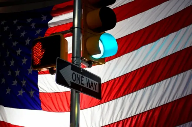 A US flag belonging to a small group of supporters of President Donald Trump