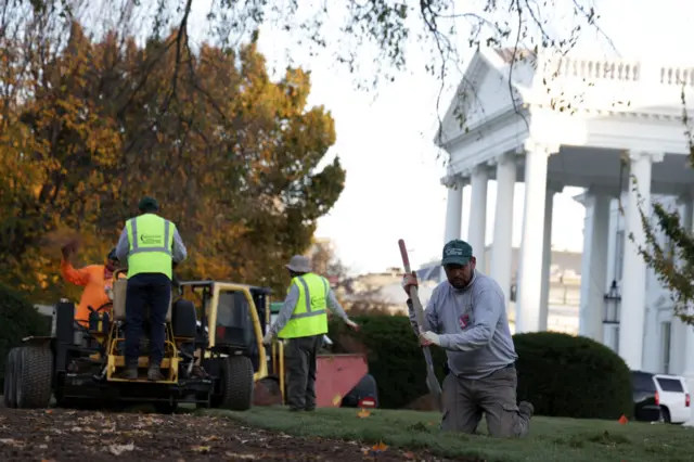 Landscaping crews doing gardening work at the White House