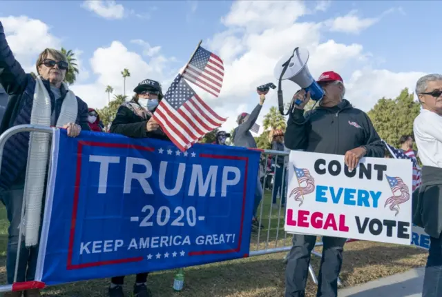 Supporters of President Donald Trump confront protest after news organizations called the US 2020 presidential election for Joe Biden, in Beverly Hills, Los Angeles, California, USA, 07 November 2020