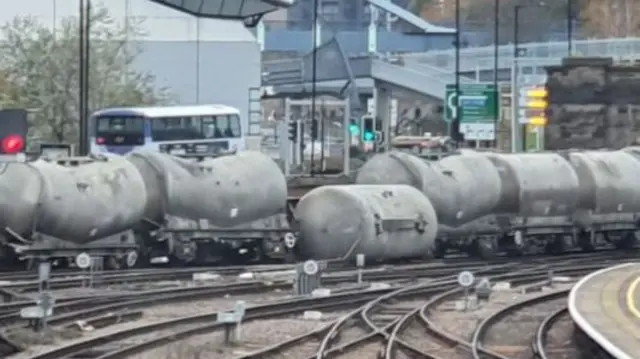 Derailed freight train