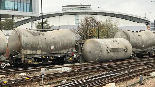A derailed train