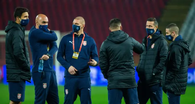 Serbia's players take in the scene before kick-off