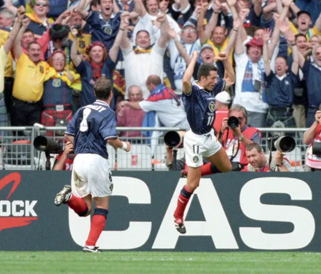 John Collins celebrates after equalising against Brazil at France 98