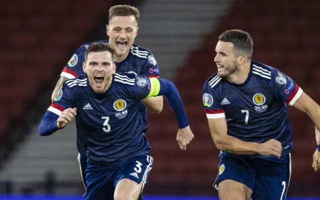 Scotland players celebrate a shootout win against Israel