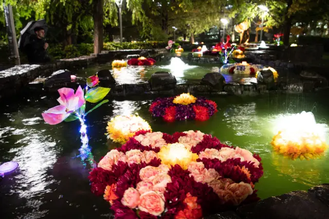 Floral display for Diwali at Jubilee Park fountains in Canary Wharf