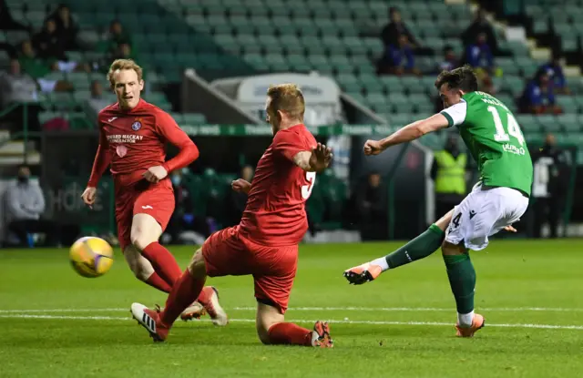 Stevie Mallan scores for Hibs in a 3-1 win over Brora Rangers